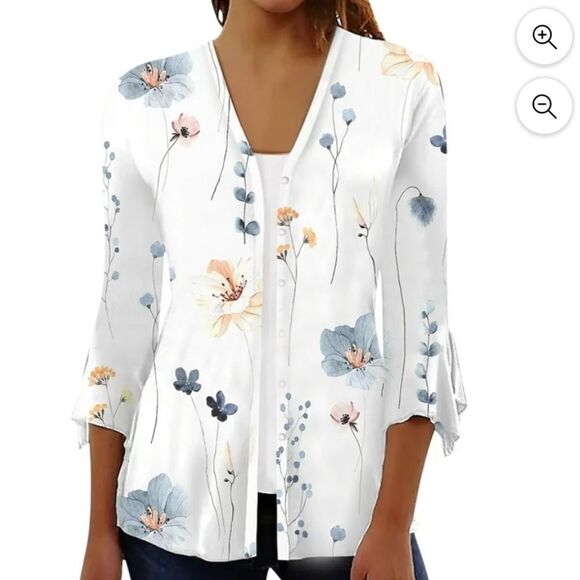 BRAND NEW QILAKOG FLORAL PRINTED 3/4 SLEEVE BUTTON V NECK PLEATED BLOUSES SHIRT - Picture 1 of 15